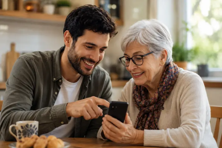 Nipote aiuta la nonna con l'applicazione degli apparecchi acustici